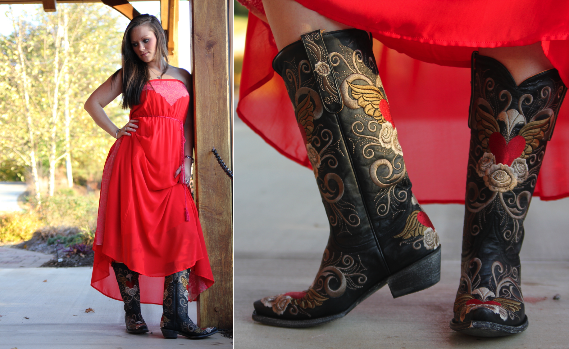 red dress with cowgirl boots